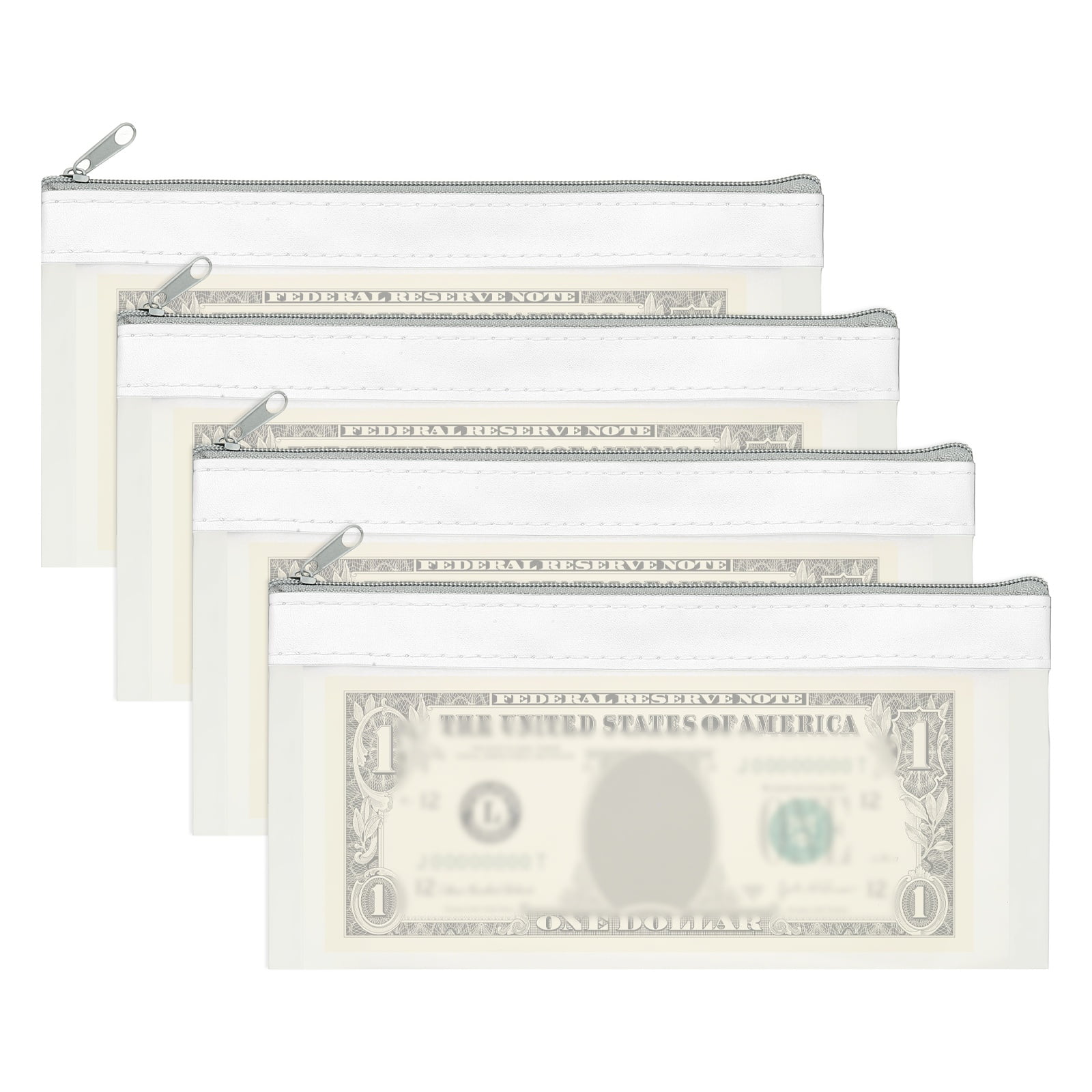 8.5x4 Inch Money Bags with Zipper, 4Pcs Clear PVC Cash Deposit Bank Pouch Envelopes Check Wallet for Coin Cosmetics Invioce Bill, White