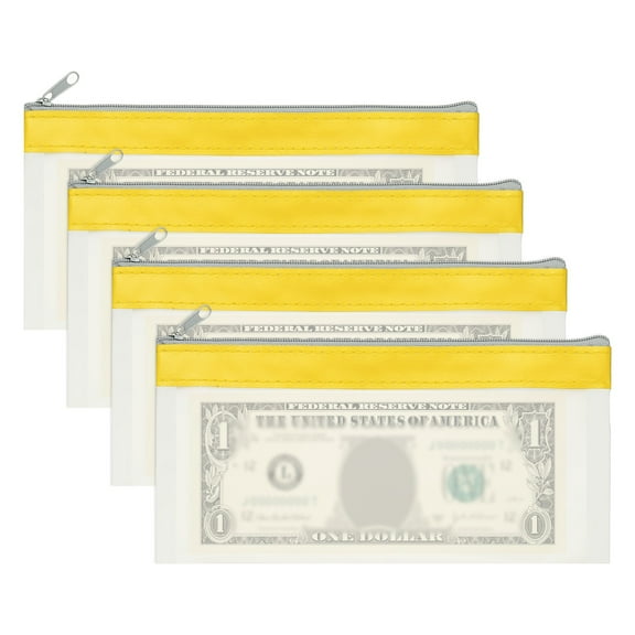 8.5x4 Inch Money Bags with Zipper, 4Pcs Clear Cash Deposit Bank Pouch Envelopes Check Wallet for Coin Cosmetics Invioce Bill, Yellow