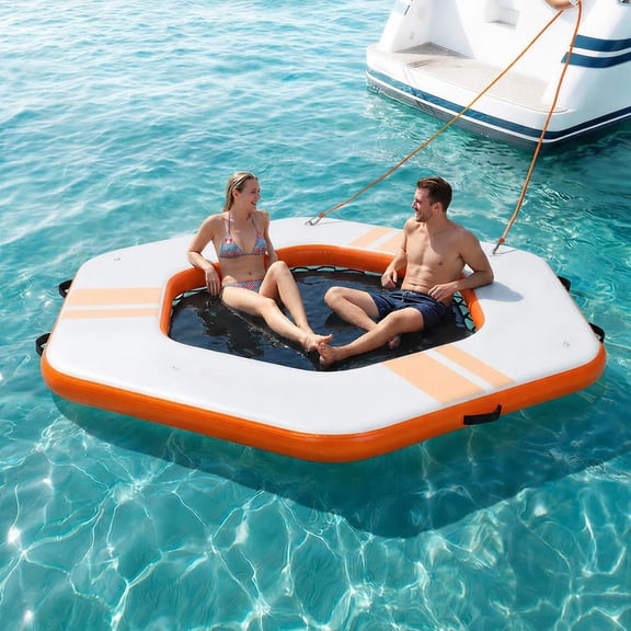 8.5x8.5 FT Inflatable Floating Dock Platform, Non-Slip Water Island Raft with Detachable Ladder and Carry Bag for Lake Ocean, White and Orange