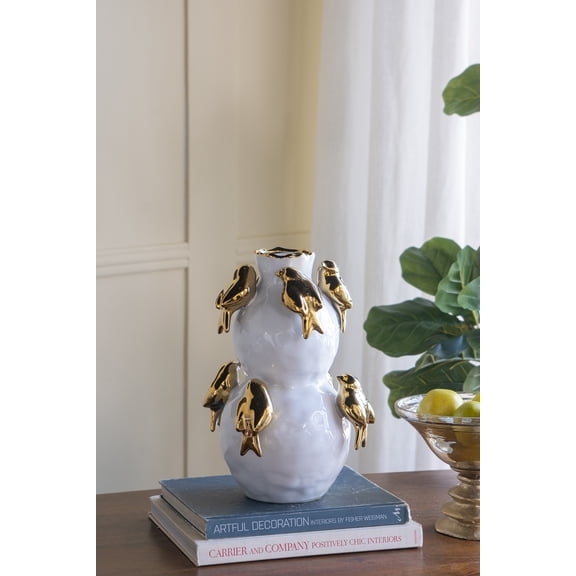 8.5x8.5x14" White Two-Tiered Ceramic Vase with Gold Bird Accents