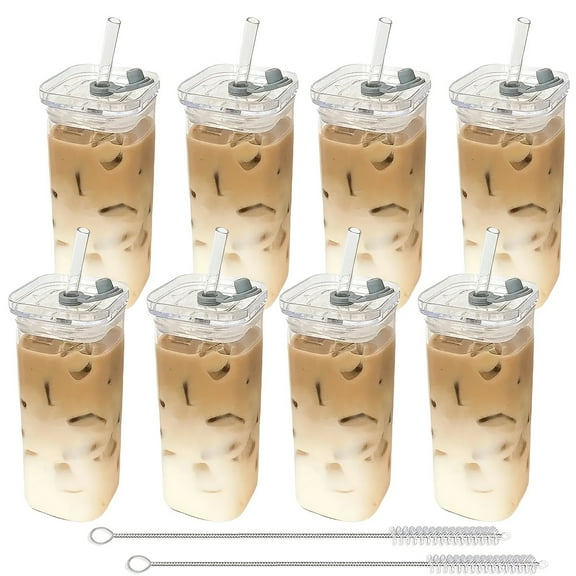 8/6/4pcs Square Glass Mug with Lid, Portable Drinking Mug,13oz,Perfect Coffee Mug, Includes Glass Lid/Straw, Gift for Mug Collectors, Father's Day Mug, Great for Office, Home, School And Outdoor Use!