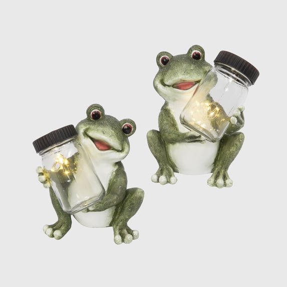 8.6 Inch Outdoor Solar Lighted Resin Frog with Glass Jar Set of 2