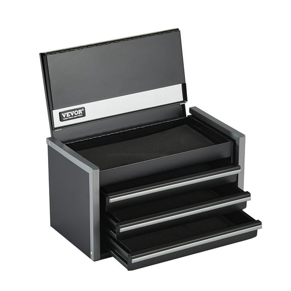 8.6-Inch Portable Metal Tool Box with 3 Drawers, Compact Steel Tool Organizer with Magnetic Lid, Non-Slip Feet, for Desk Storage of Tools, Crafts, Jewelry & Stationery, Black