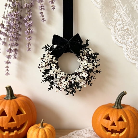 8.6 Inch Small Halloween Wreaths with Bow,Fall Wreath for Front Door,Decorative Hanging Wreath for Cabinet,Window,Wall Indoor Outdoor Thanksgiving Halloween Decor(G)