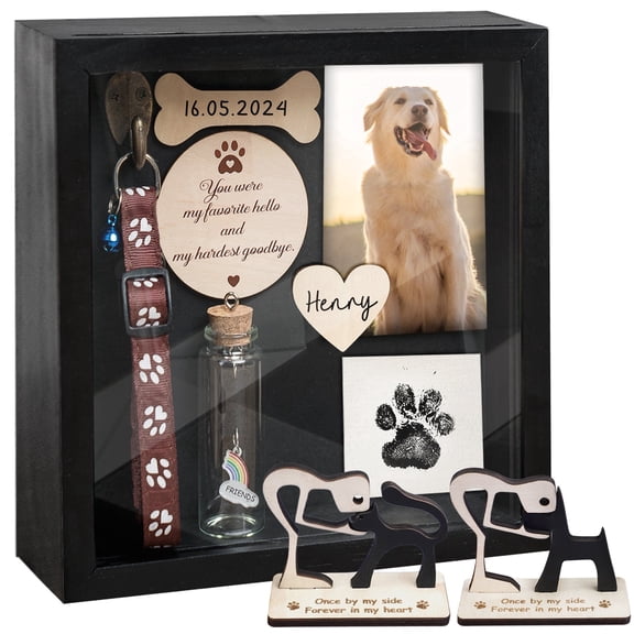 8.6'' Pet Memorial Gift Shadow Box Black Collar Holder Picture Frame Pet Paw Ink Kit Dog Wooden Sculpture Bottle Rainbow Pet Hair Keepsake Gift Loss of Dog Cat Tabletop Wall Hanging PSD-4B