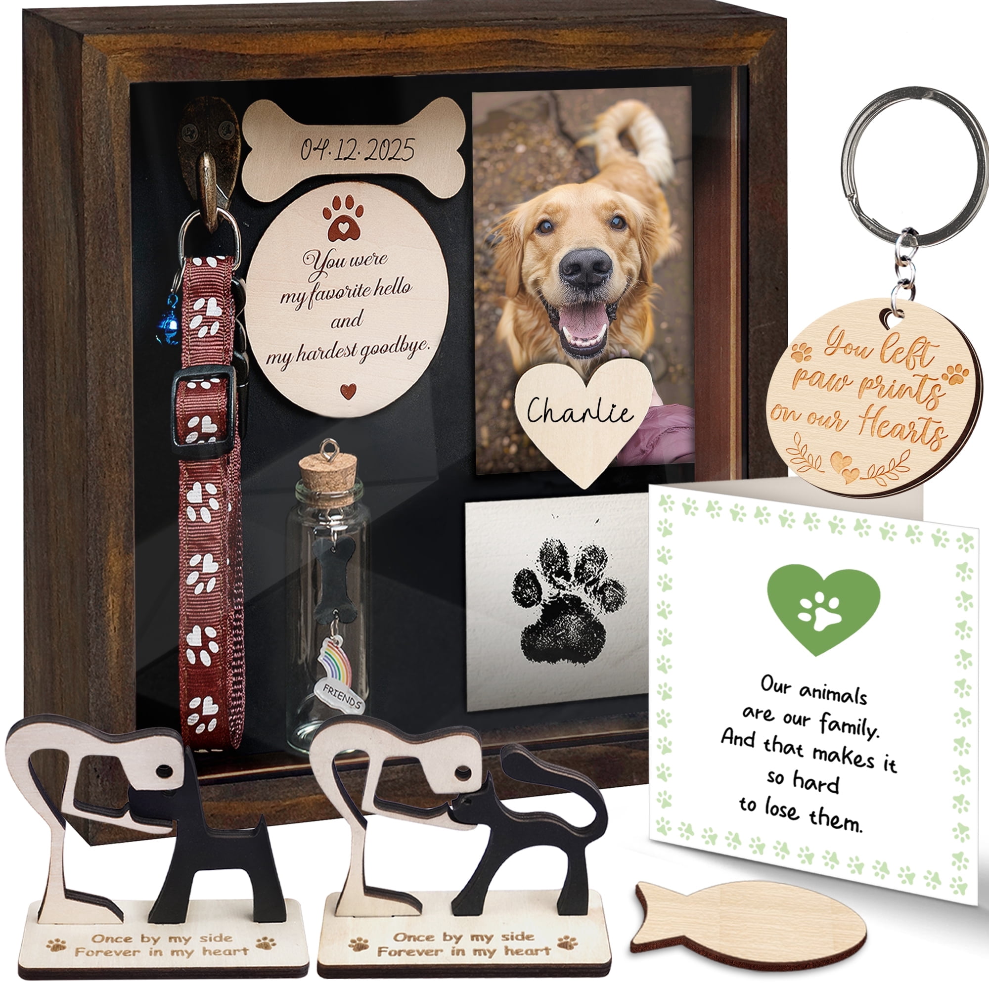 8.6'' Pet Memorial Shadow Box, Rustic Collar Holder Picture Frame, Paw Print Kit, Dog Wooden Sculpture, Pet Hair Fur Jar, Cat Memorial Keychain, Dogs Sympathy Card, Gift for Pet Lovers PSD-4R