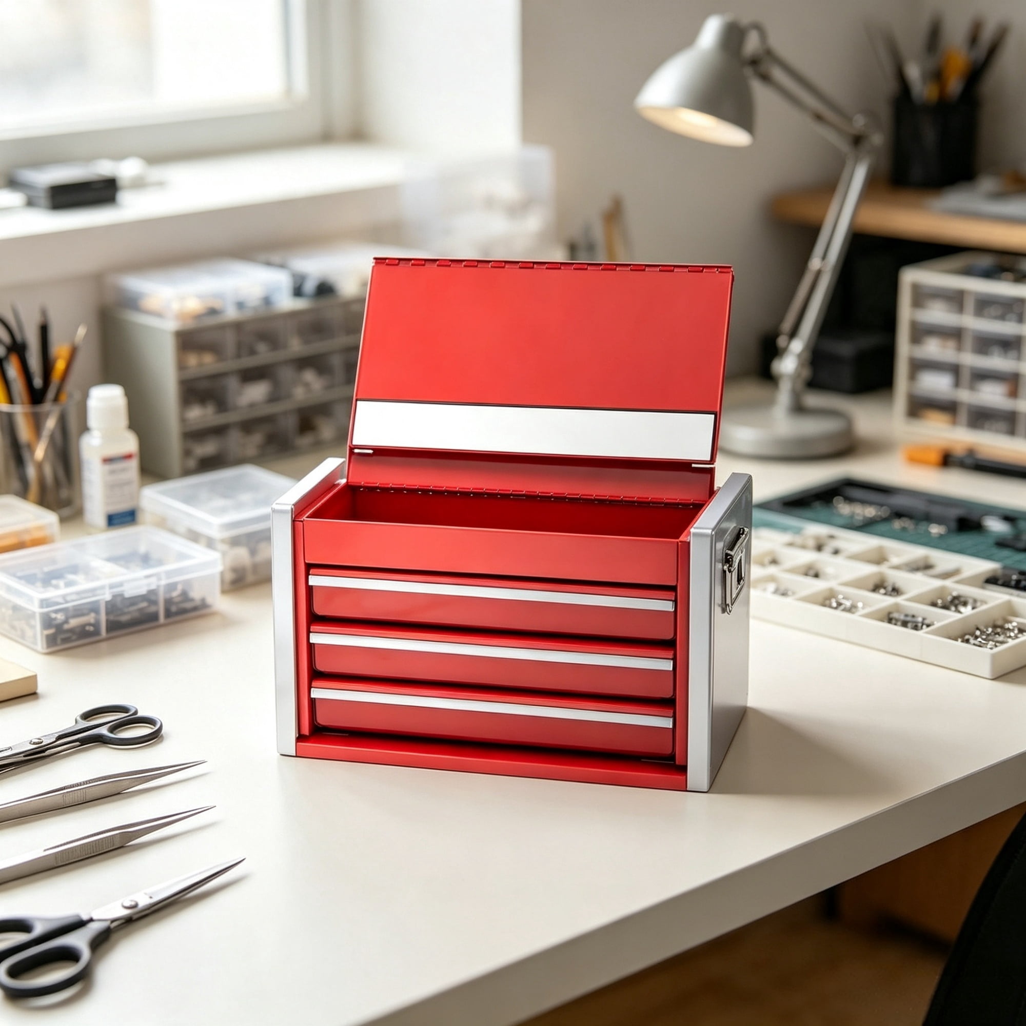 8.6" Portable Metal Tool Box with 3 Drawers, Tool Chest with Ball Bearing Slides & EVA Liners
