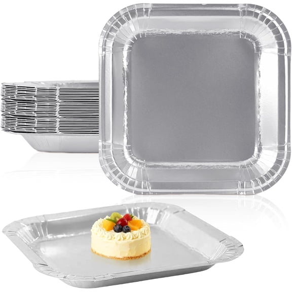 8.62 inch Silver Paper Plates, Disposable Paper Dessert Plates, 50 Pcs Silver Square Appetizer Plates for Birthday Wedding Anniversary Party Supplies