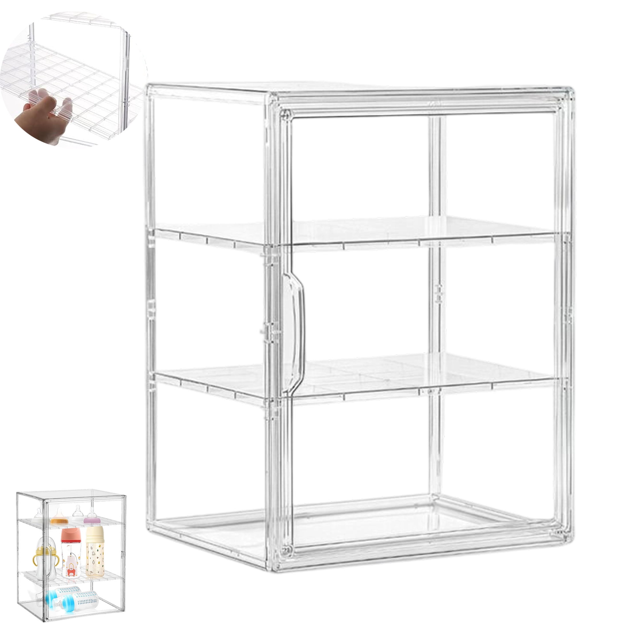 8.66*10.63*14.17in Baby Bottle Organizer,3-Tier Adjustable Clear Acrylic Storage Station Case Box Container with 2 Removable Dividers and Magnetic Door for Nipples Pump Parts Food Jars