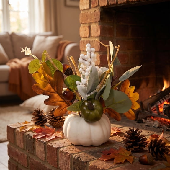 8.66" Artificial Fall Floral Pick, White Pumpkin with Green Accents and Berries for Home Table Centerpiece Decor