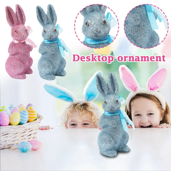 8.66 Inch Easter Bunny with Bowtie Plush Flocked Rabbit Figurine Desktop Gift for Table Living Room Home Party Spring Decor 2 Pcs