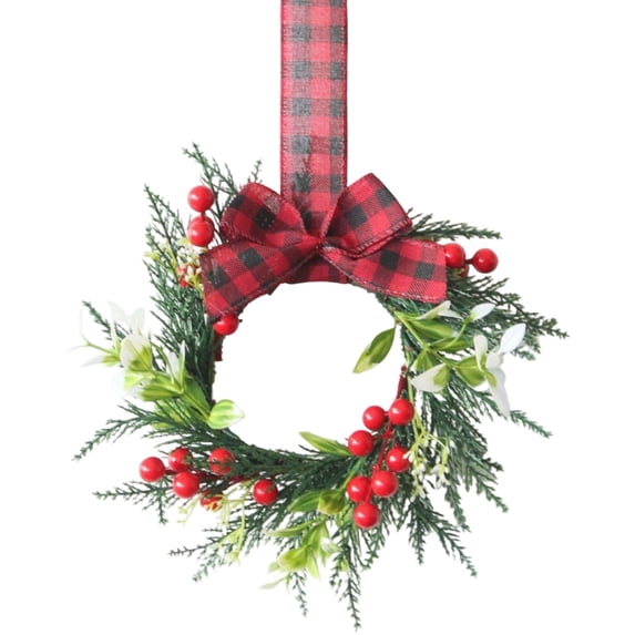 8.66 Inch Mini Christmas Pine Wreath, Red Berry Faux Holiday Garland, Compact Cabinet Hanging Wreath, Festive Xmas Ornament for Kitchen, Window, Wall and Home Layout