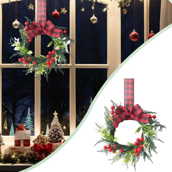 8.66 Inch Mini Norfolk Pine Christmas Wreath, Artificial Green Wreath with Red Berries & Ribbon Bow, Farmhouse Hanging Ornament for Cabinet, Window, Front Door Indoor Holiday Decor