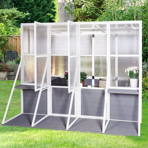 8.66' x 8.2' x 6.46' Walk-in Polycarbonate Greenhouse for Outdoors, Level 10 Windproof Wooden Lean to Greenhouse with Lockable Door, Large Hot House for Sunroom/Garden/Backyard
