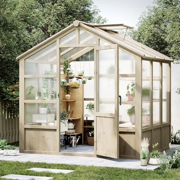 8×6FT Large Outdoor Greenhouse, Heavy Duty Wooden Hothouse with Polycarbonate Panels & Lockable Door - Sturdy Wood Frame Garden Conservatory with Adjustable Roof Vent, for Yard, Gardening