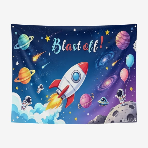 8*6FT Space Photo Background ound Cartoon Outer Space Blast Off Planet Starry Sky Rocket Ship Boy Birthday Party Backdrops Banner for Photography
