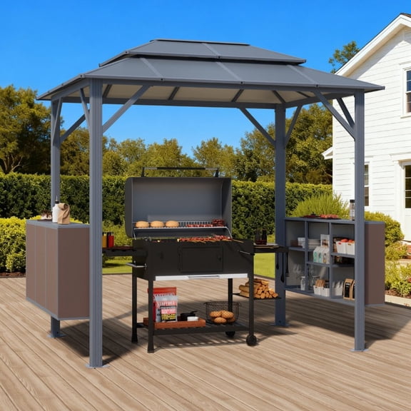 8.6FT x 5.2FT Grill Gazebo with Storage Cabinets, Heavy-Duty BBQ Gazebo with Aluminum Roof Panels, All-Weather Outdoor Kitchen Canopy Shelter for Patio, Backyard & Garden