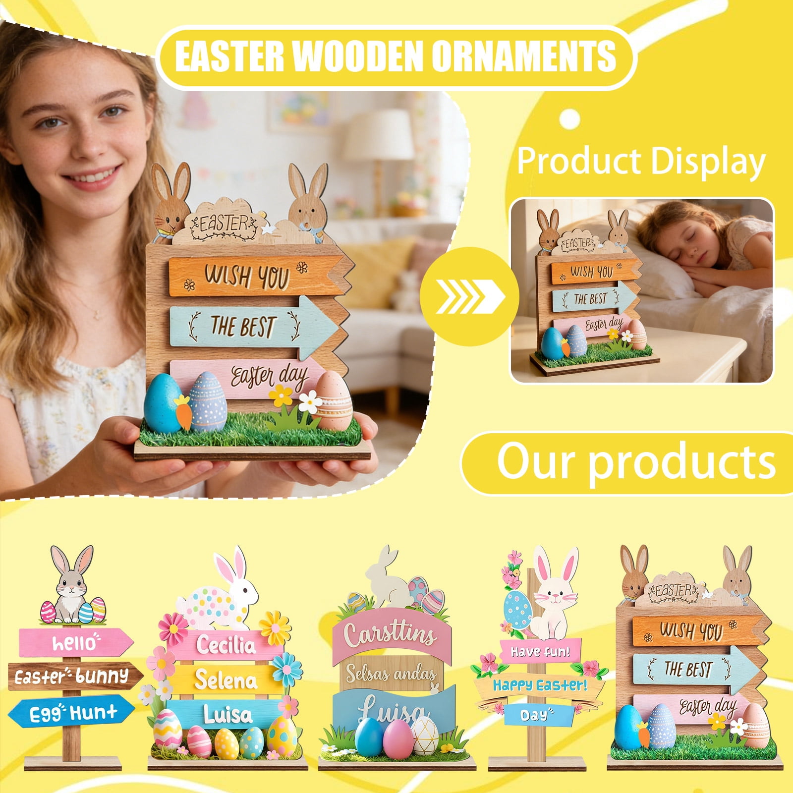 8.6In Happy Easter Table Sign Decoration Wooden Egg Hunt Tabletop ...