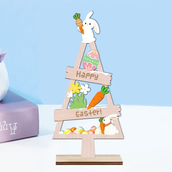 8.6inch Easter Wooden Table Sign Happy Easter Tabletop Centerpiece Signs Triangular Shaped Cutout Wood Block Sign Cute Rabbit Tiered Tray Ornament for Spring Farmhouse Decor
