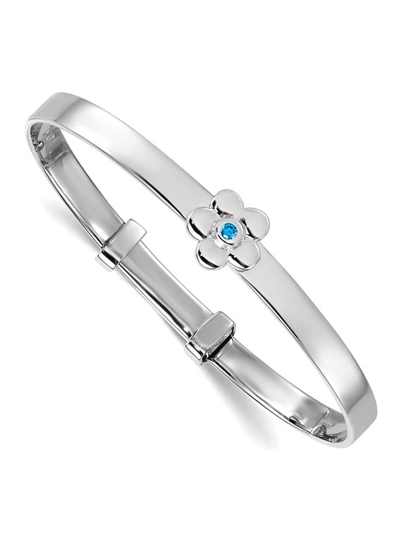 8.6mm 925 Sterling Silver Rhodium Platedblue Cubic Zirconia Flower Mini Expandable Bangle Bracelet Cuff Bracelet for Wom