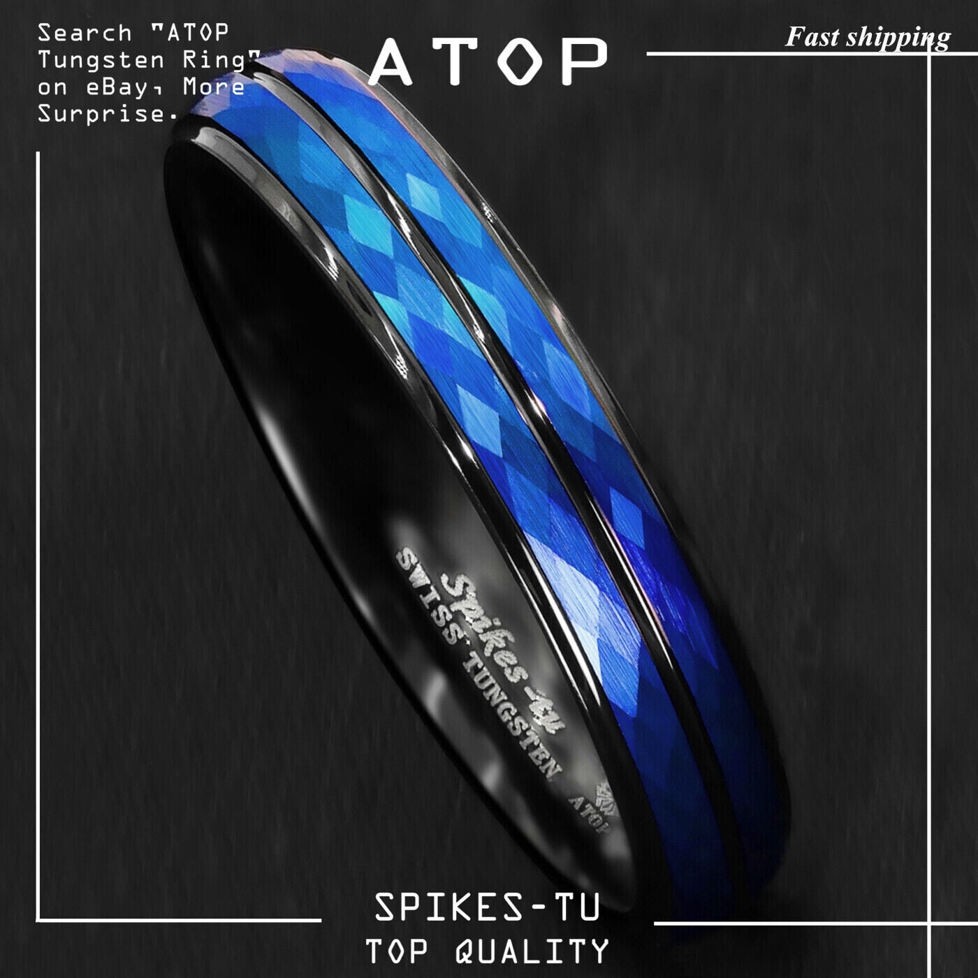 8/6mm Black Blue Brushed Crystal Skin Tungsten Ring Men Bridal Band