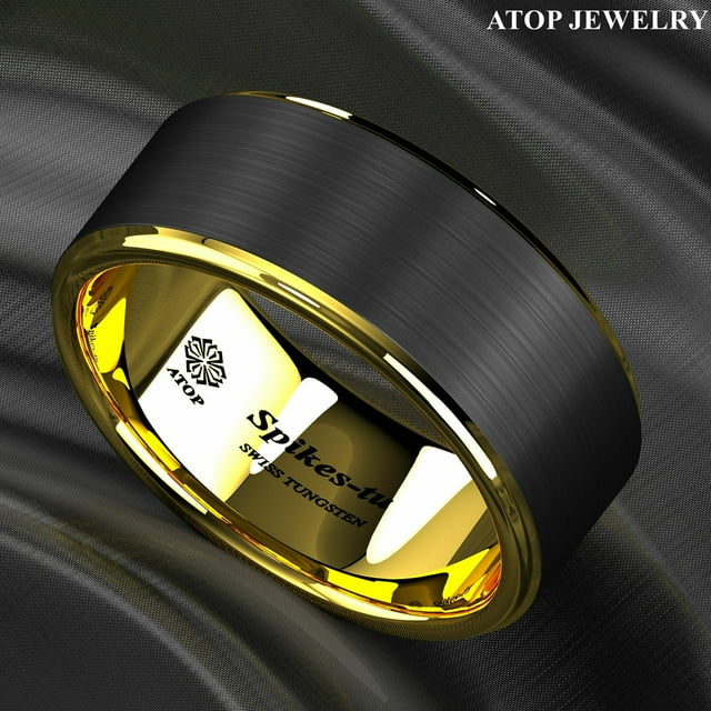8/6mm Black Brushed Gold Stripe Tungsten Ring Wedding Band Men's