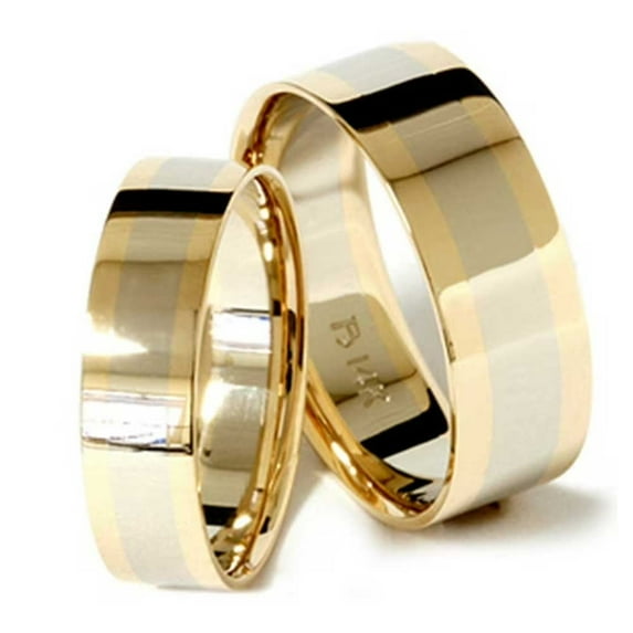 Pompeii3 8/6mm Plain 14K Two Tone Wedding Band Set for Men and Women