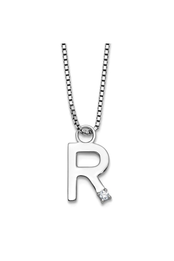8.6mm Ss Rhodium Plated White Ice .03 Diamond Letter Name Personalized Monogram Initial R With 2 Inch Extension Necklace