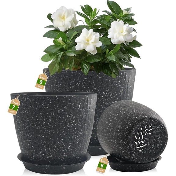 8/7/6 inch Plant Pots, 3 Pack Flower Pots for Outdoor Indoor Garden Plants, Large Planters with Multi Mesh Drainage Holes and Saucer (Speckled Black, 8"+7"+6")