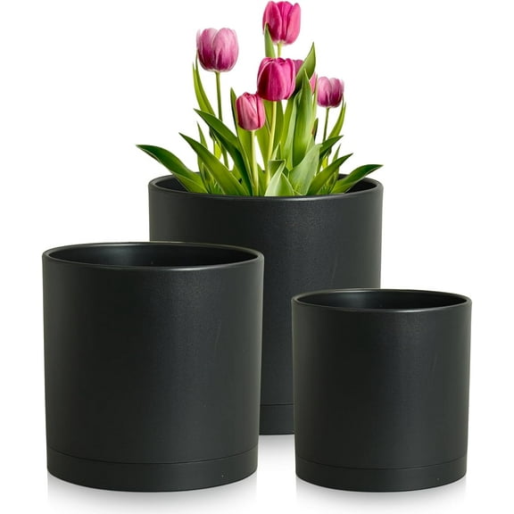 8/7/6 inch Plant Pots, 3 Set Cylinder Flower Pots for Outdoor Indoor Plants, Decorative Plastic Planters with Drainage Holes and Saucers for Garden House Plants, Black