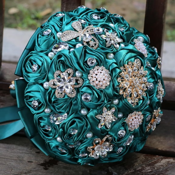 8.7" Handmade Satin Rose Bridal Bouquet Toss Round Wedding Bouquet Throw Toss Artificial Flower Bunch Dark Green