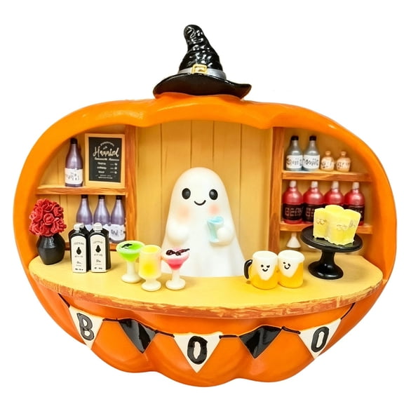 8.7 Inch Halloween Pumpkin Figurine, Light Up Cute Ghost Bartender Resin Ornament with Built-in Warm Lights, Mini Bar Scene Tabletop Decor for Halloween Table, Bar Counter & Entryway Display