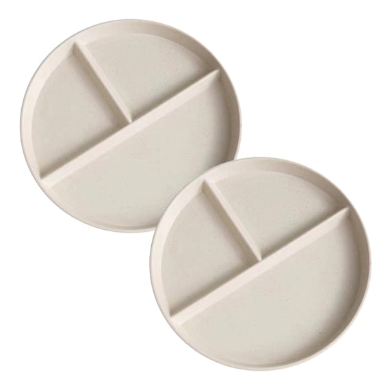 8.7-Inch Wheat Straw Plastic Round Gridded Dinner Plate (Divided Plate/Picnic Plate/Salad Plate), Durable & Dishwasher-Safe, Reusable, Bpa-Free, 2Pcs, Multicolor, Three-Grid(Beige,8.7x8.7")