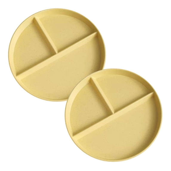 8.7-Inch Wheat Straw Plastic Round Gridded Dinner Plate (Divided Plate/Picnic Plate/Salad Plate), Durable & Dishwasher-Safe, Reusable, Bpa-Free, 2Pcs, Multicolor, Three-Grid(Yellow,8.7x8.7")