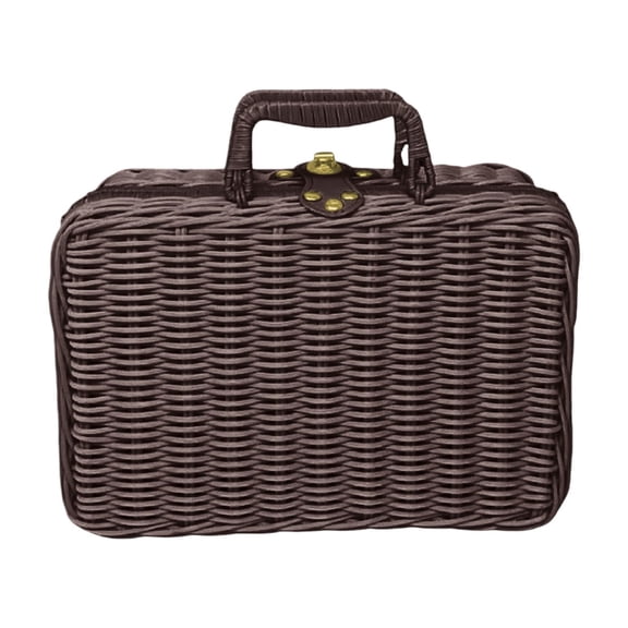 8.7 Inch Woven Plastic Suitcase, Rattan Style Picnic Basket with Handle and Lid, Vintage Storage Box for Kids Toy Organizer, Easter Baskets for Camping Outdoor Party Gift Packaging