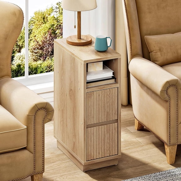 8.7" Narrow Fluted Nightstand, Small Bedside Table with Drawers, Skinny Side Table, Modern Nightstand with 1 Semi-Open Shelf, Floating End Table, for Living Room, Bedroom, Natural MBZ12NL
