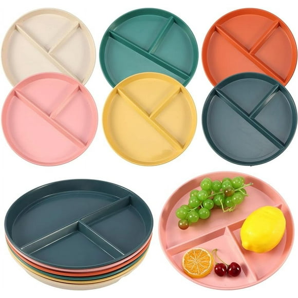 8.7" Portion Control Plate, 6pcs Wheat Straw Divided Plates For Adults, 3 Section Compartment Lunch Tray Separate Plates(Round)