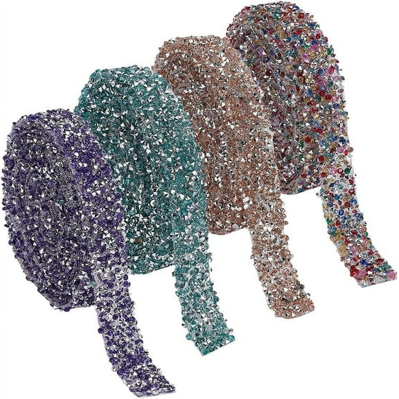 8.7 Yards Hotfix Rhinestone Ribbons 4 Colors Sparkling Rhinestone Decoration Trim Self Adhesive Iron-on Belts DIY Glitter Gem Stickers for DIY Making