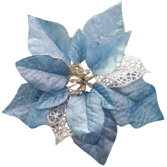 8.7 inch Pack of 12 Large Glitter Poinsettia Christmas Tree Ornaments Decoration (Blue)