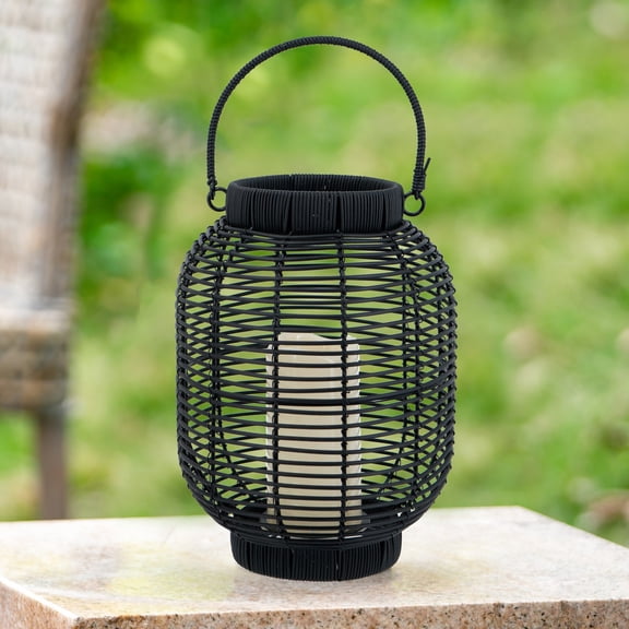 8.7"x8.7"x11.8" Rattan Lantern with LED Candle and Timer Function, Decorative Candle Lantern with Handle, Table Decor Candle Holder for Living Room, Dining Room, Entryway, Home Decor, Black