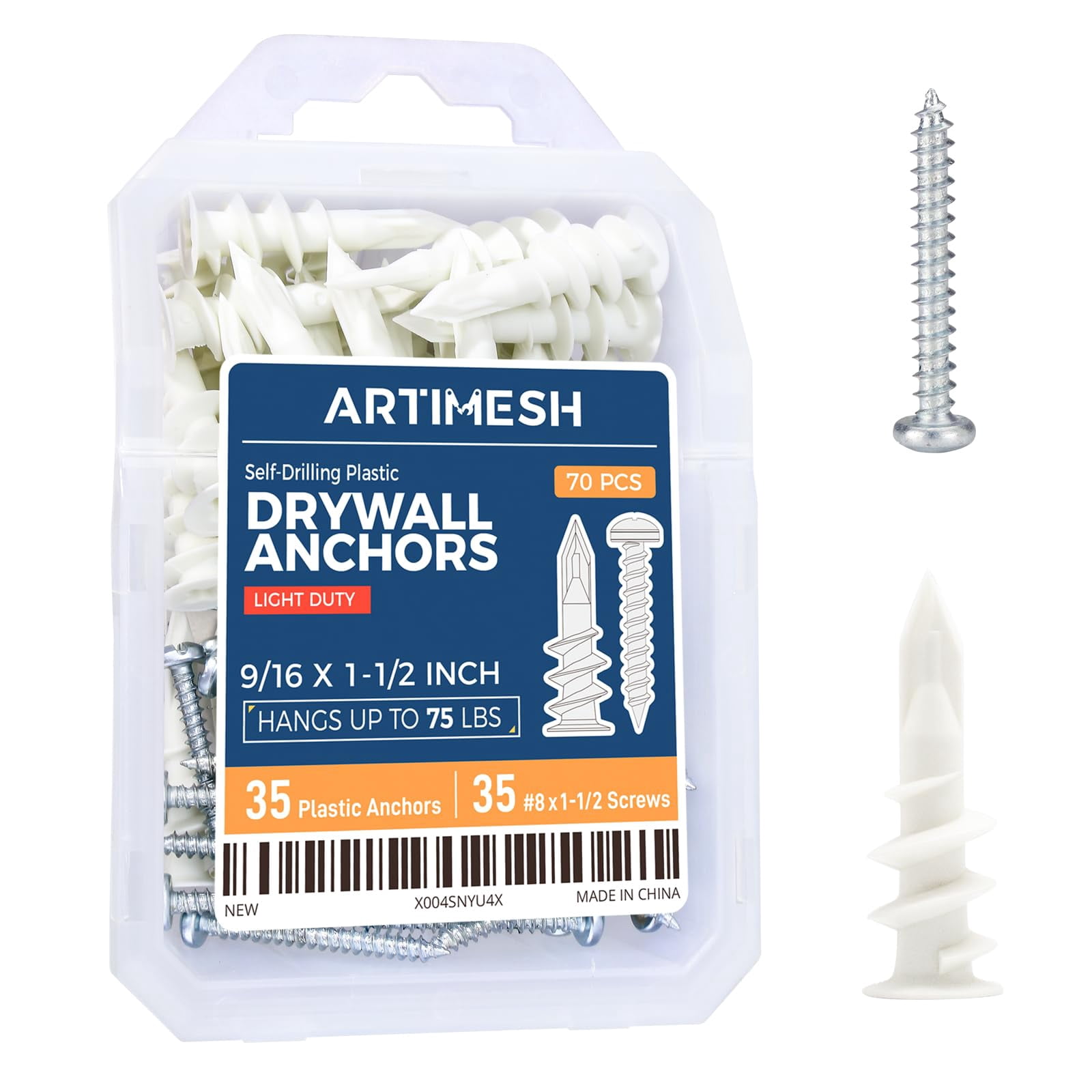 8# 70PCs Self Drilling Drywall Anchors Kit - 75LBs Heavy Duty Plastic Drywall Hangers with 35 Self-Tapping Screws - Mounting Hardware for Sheetrock Anchors