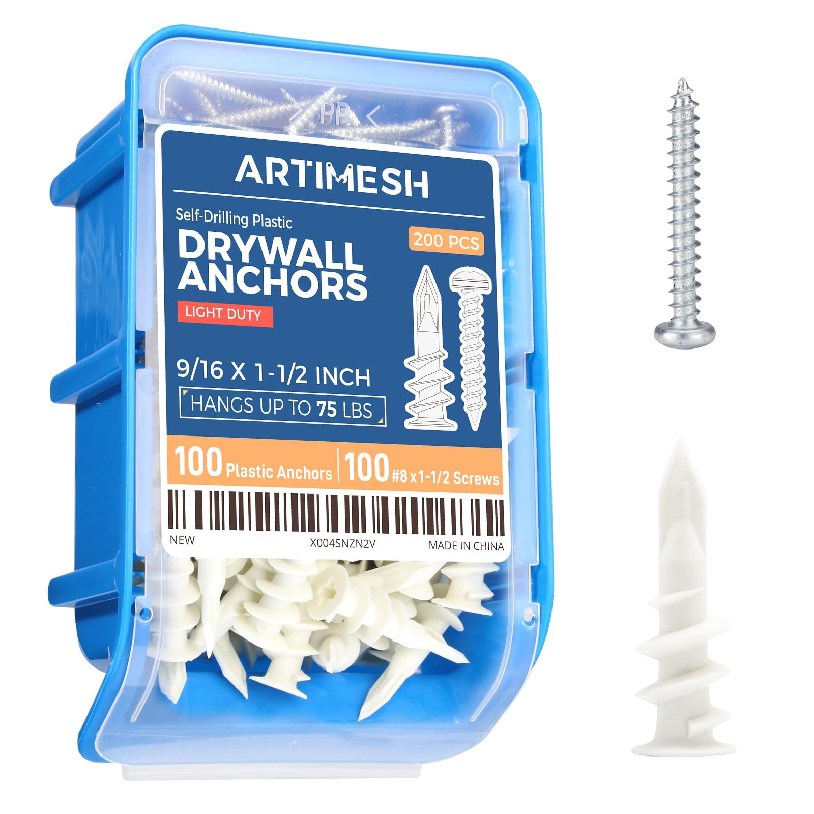 8# 70PCs Self Drilling Drywall Anchors Kit - 75LBs Heavy Duty Plastic Drywall Hangers with 35 Self-Tapping Screws - Mounting Hardware for Sheetrock Anchors