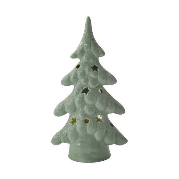 8.75" Ceramic glittered bright green tree. LED.