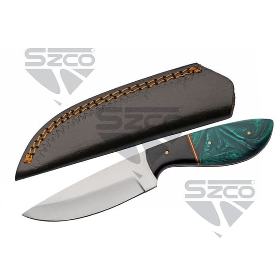 8.75 Inch Verdant River Decorative Knife Stainless Steel Blade Green Resin & Buffalo Horn Handle Leather Sheath