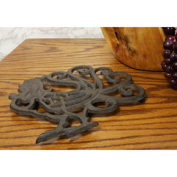 8.75" Wide Country Farm Rooster Chicken Cast Iron Trivet With Lace Scroll Design