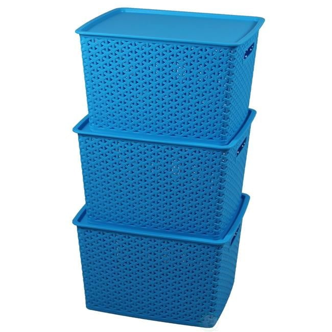 Blue Textured Plastic Stackable Storage Bins with Detached Lids - Set of 3