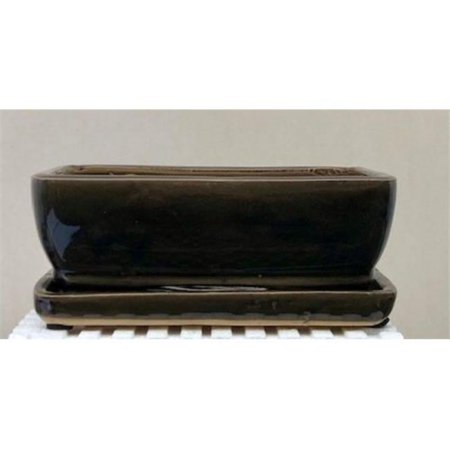 8.75 x 6.75 x 3 in. Crackle Gray Ceramic Bonsai Pot with Humidity Drip Tray, Rectangle