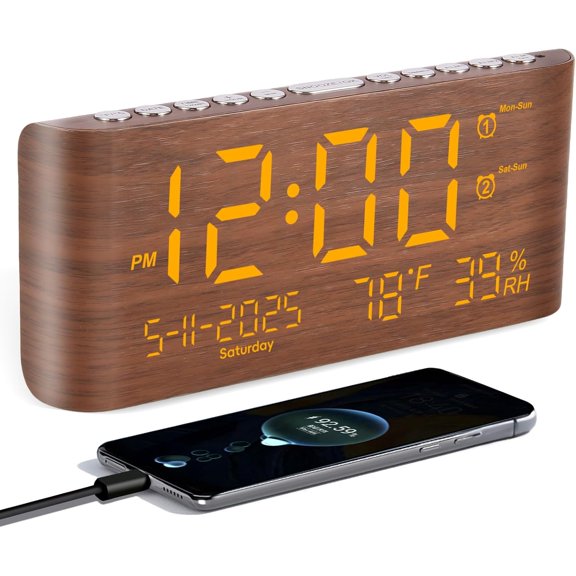 8.7inch Digital Alarm Clock for Bedroom-Digital with Day of Week Month Year Humidity & Temperature Brightness Snooze 2 USB Charger Desk Heavy Sleeper