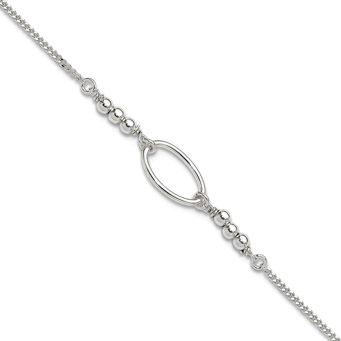 8.7mm 925 Sterling Silver Oval and Beaded Plus 1in Extension Anklet 10 Inch Anklet for Women
