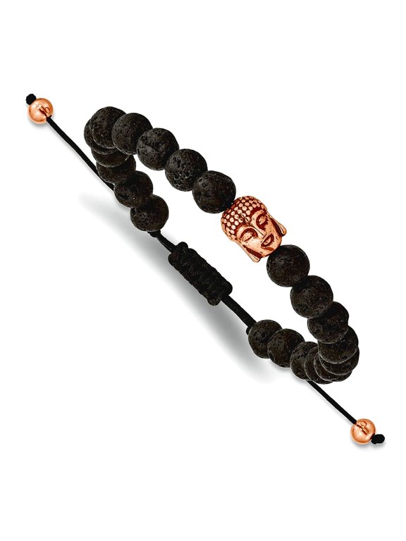 8.7mm Stainless Steel Oxidized and Polished Rose Ip Plated Buddha Lava Stone Black Macrame Adjustable Bracelet Link Brac